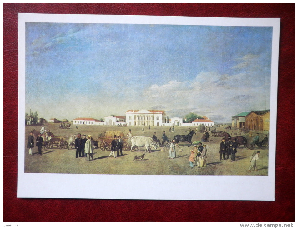 painting by Evgraf Fyodorovich Krendovski , Square of a provincial Town , 1884  - cows - horses - russian art - unused - JH Postcards