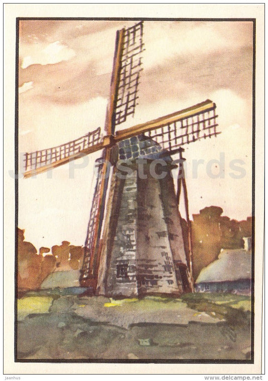 illustration by K. Tihase - Dutch windmill . Rannu . Tamme küla - Estonian farm buildings - 1974 - Estonia USSR - unused - JH Postcards