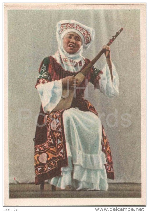 Kazakh song - musical instrument - woman in folk costumes - 1956 - Kazakhstan USSR - unused - JH Postcards
