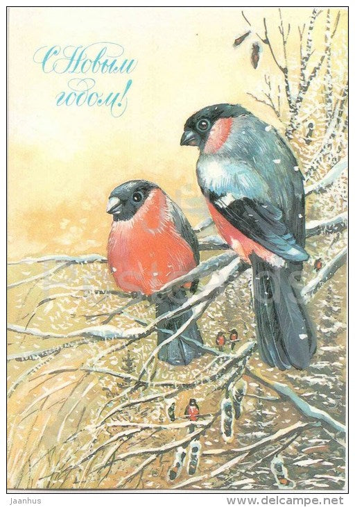 New Year greeting card - illustration by T. Panchenko - bullfinch - birds - stationery - 1986 - Russia USSR - unused - JH Postcards