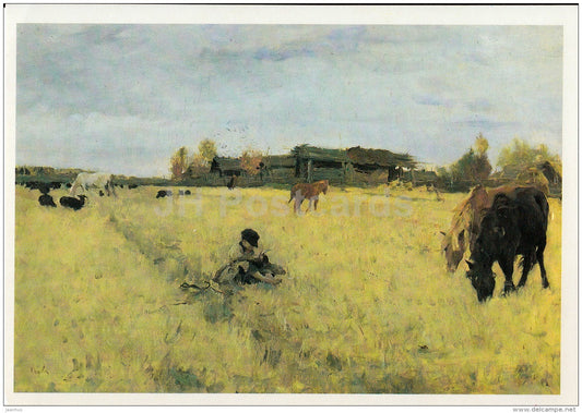 painting by V. Serov - Domotkanovo in October , 1895 - horses - Russian art - 1990 - Russia USSR - unused - JH Postcards