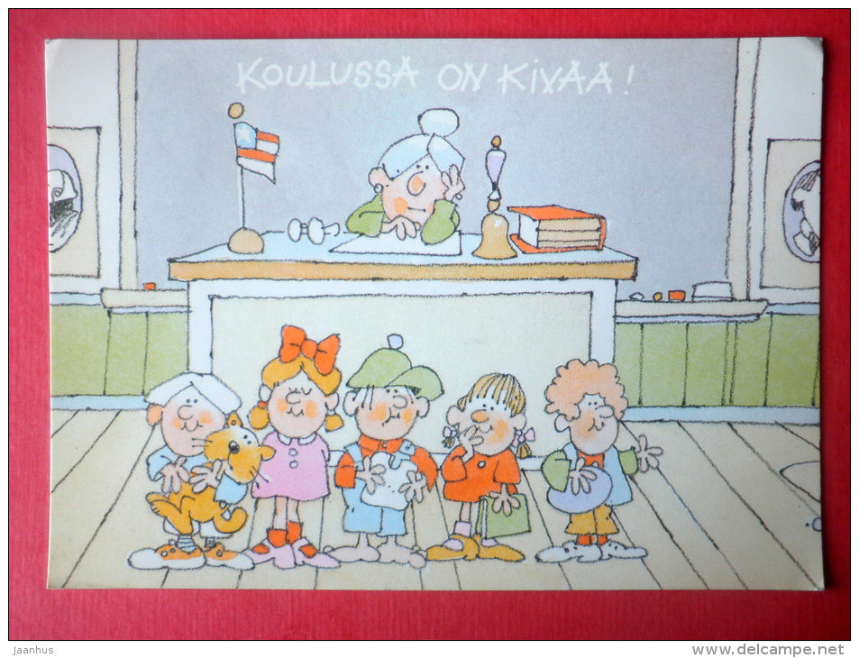 illustration - school - teacher - children - 2929/1 - Finland - sent from Finland Helsinki to Estonia USSR 1989 - JH Postcards