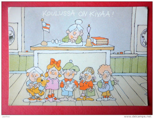 illustration - school - teacher - children - 2929/1 - Finland - sent from Finland Helsinki to Estonia USSR 1989 - JH Postcards