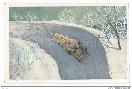illustration by Otto Barth - bobsleigh - winter sports - BKW - circulated in Estonia Mustvee 1928 - JH Postcards