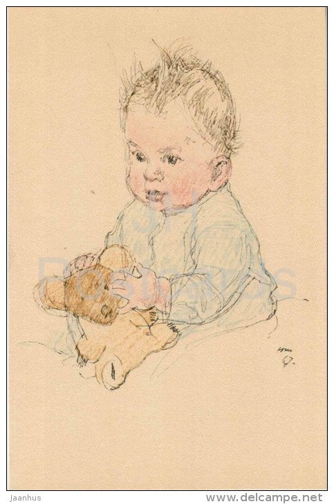 drawing by P. N. Zhukov - Sweetheart - child - teddy-bear - russian art - unused - JH Postcards