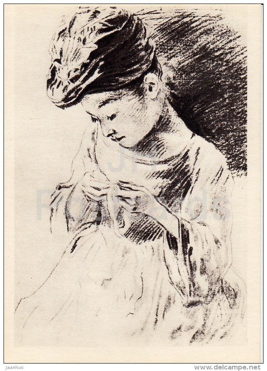 drawing by Jean-Antoine Watteau - Sewing Girl - French art - 1963 - Russia USSR - unused - JH Postcards