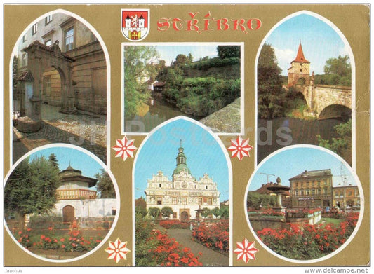 Stribro - historical bridge on Mzi river - Gottwald square - hotel Europa - Czechoslovakia - Czech - used 1977 - JH Postcards