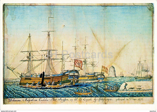 Whalers hunting whales and seals off Spitzberg 1803 - painting by Hinrich Butt - ship - Danish art - Denmark - unused - JH Postcards