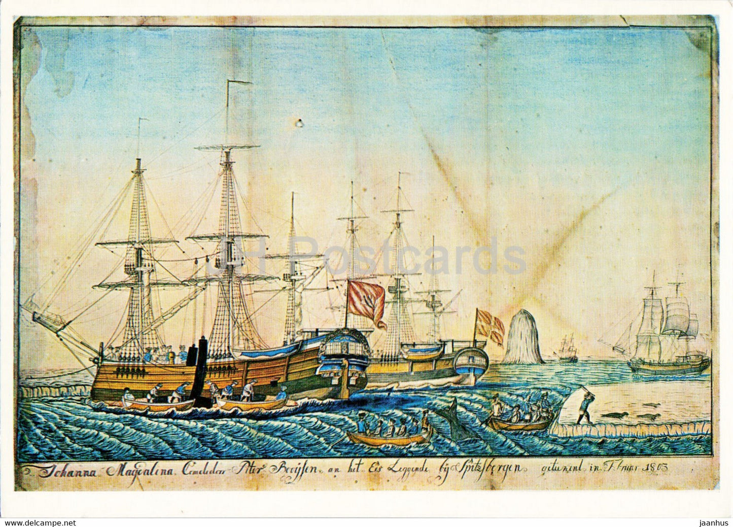 Whalers hunting whales and seals off Spitzberg 1803 - painting by Hinrich Butt - ship - Danish art - Denmark - unused - JH Postcards