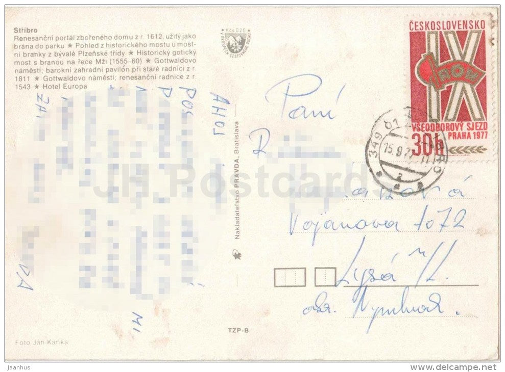 Stribro - historical bridge on Mzi river - Gottwald square - hotel Europa - Czechoslovakia - Czech - used 1977 - JH Postcards