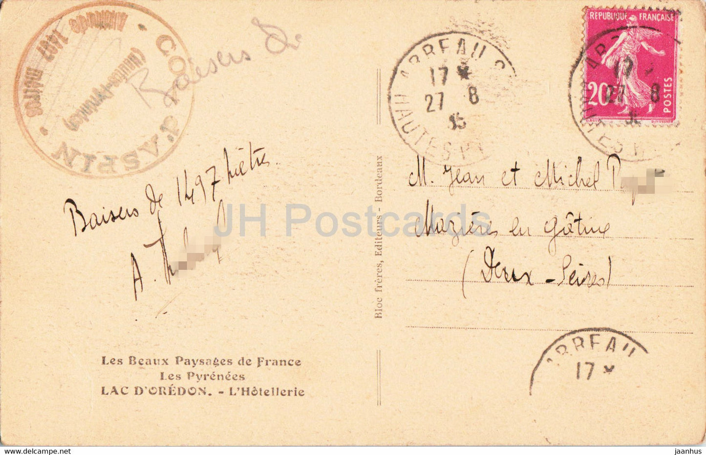 Lac d'Oredon - L'Hotellerie - Les Pyrenees - old postcard - 1935 - France - used