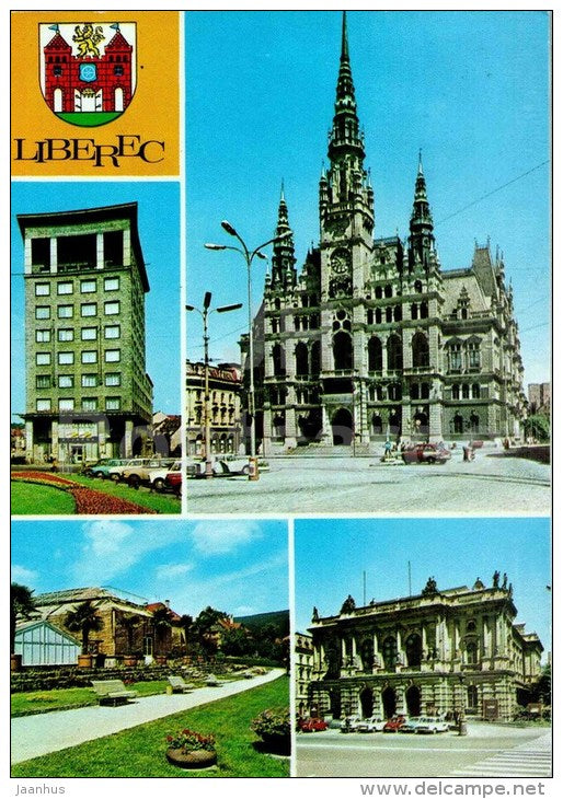 Gottwald square - Rathaus - Botanic Garden - Šaldy theatre - Liberec - Czech - Czechoslovakia - used 1979 - JH Postcards