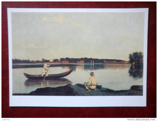painting by Grigory Soroka , Fishermen , 1840s  - boat - russian art - unused - JH Postcards