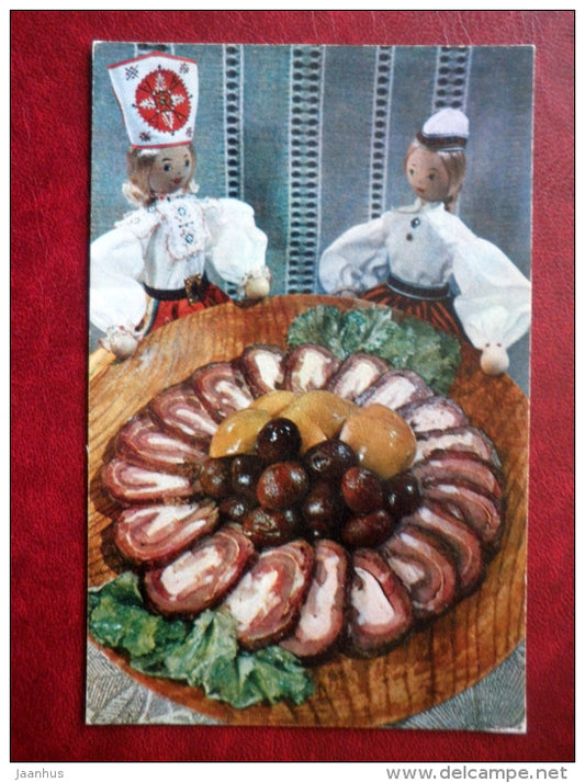 wedding sausages - recipes - dolls in Estonian folk costumes - Estonian Cuisine - 1973 - Russia USSR - unused - JH Postcards