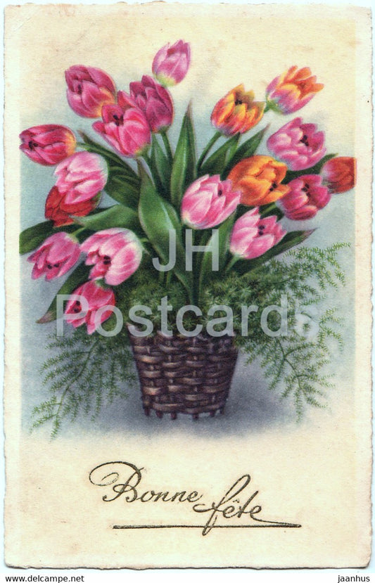 Birthday Greeting Card - Bonne Fete - flowers - tulips in a basket - ERIKA - illustration - old postcard - France - used - JH Postcards