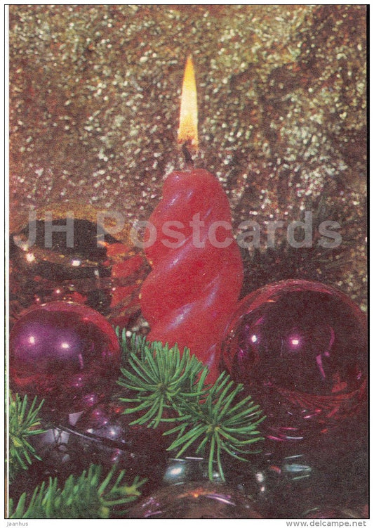New Year Greeting card - candle - decoration - fir tree - 1974 - Estonia USSR - unused - JH Postcards
