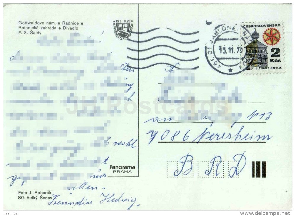 Gottwald square - Rathaus - Botanic Garden - Šaldy theatre - Liberec - Czech - Czechoslovakia - used 1979 - JH Postcards