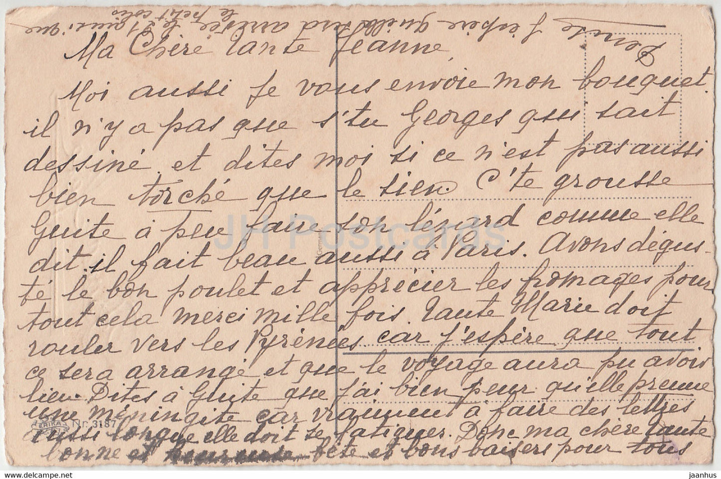 Birthday Greeting Card - Bonne Fete - flowers - tulips in a basket - ERIKA - illustration - old postcard - France - used