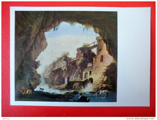 painting by Giacomo Raffaelli . A Grotto in Tivoli , 1817 - horse - italian art - unused - JH Postcards