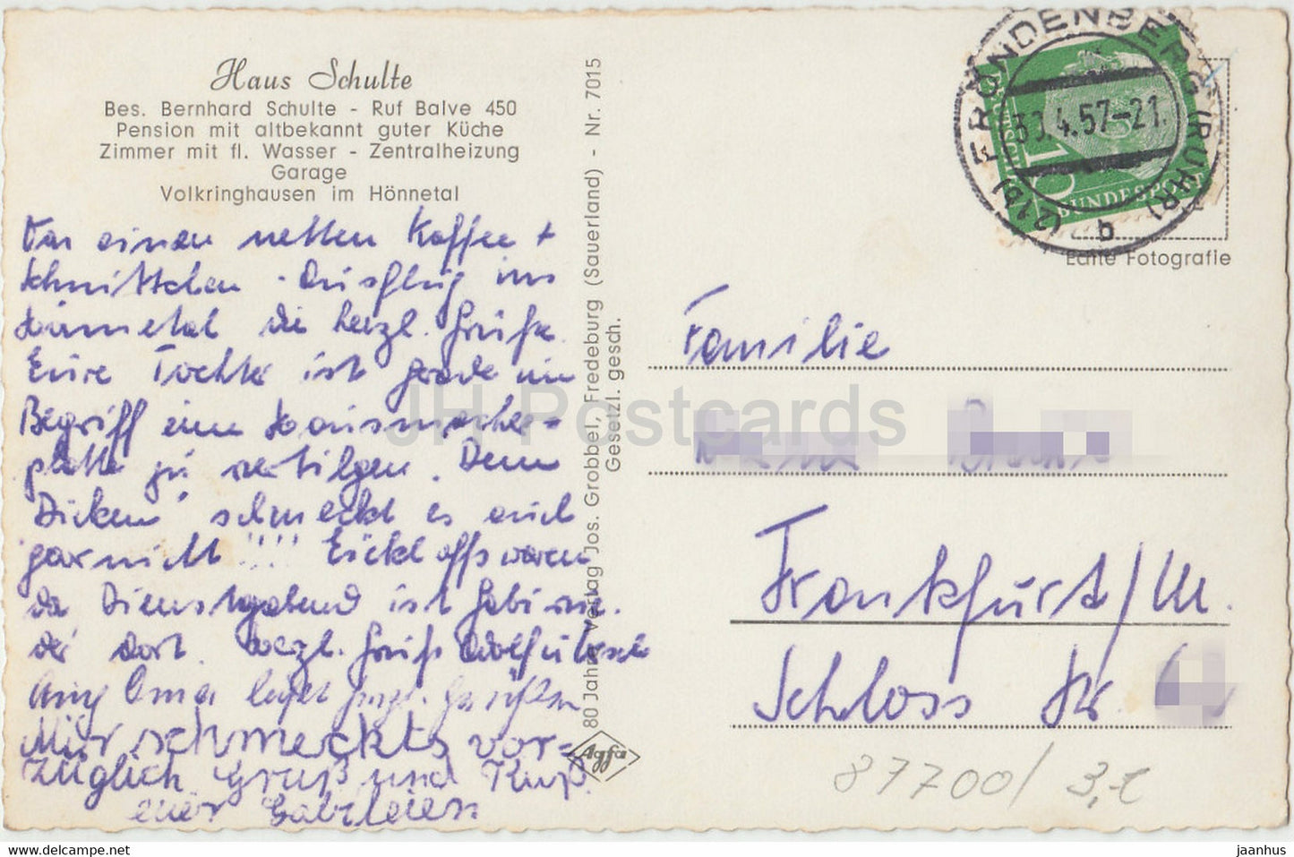 Volkringhausen - Honnetal - Honnebrucke - Haus Schulte - pont - carte postale ancienne - 1957 - Allemagne - utilisé