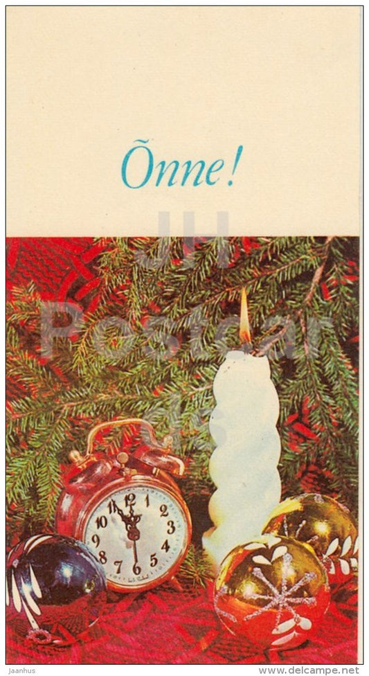 New Year Greeting Card - 2 - decorations - alarm clock - candle - 1980 - Estonia USSR - used - JH Postcards