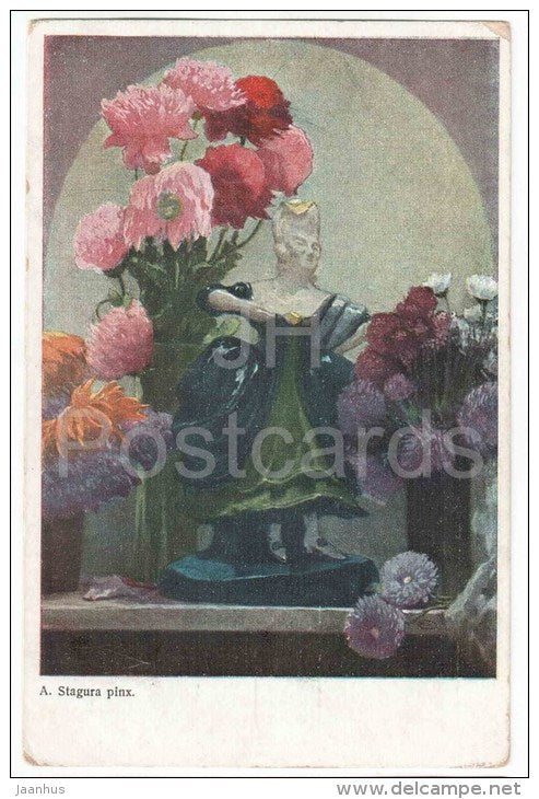 painting by A. Stagura - flowers - statuette - O.G.Z.-L 706 - circulated in Estonia Valk 1928 - JH Postcards