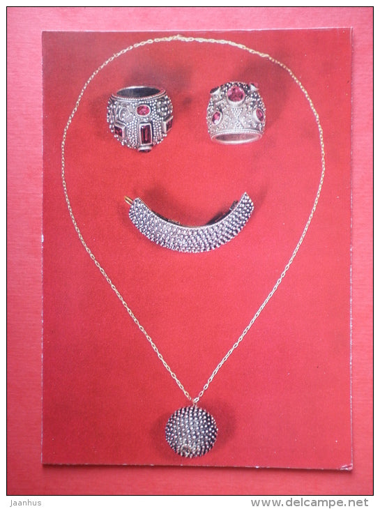 Spherical pendant and hair-grip , silver , by M. Kutateladze - Georgian Chasing - 1974 - USSR Georgia - unused - JH Postcards