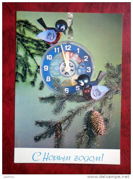 New Year greetings - birds - clock - 1976 - Russia - USSR - unused - JH Postcards