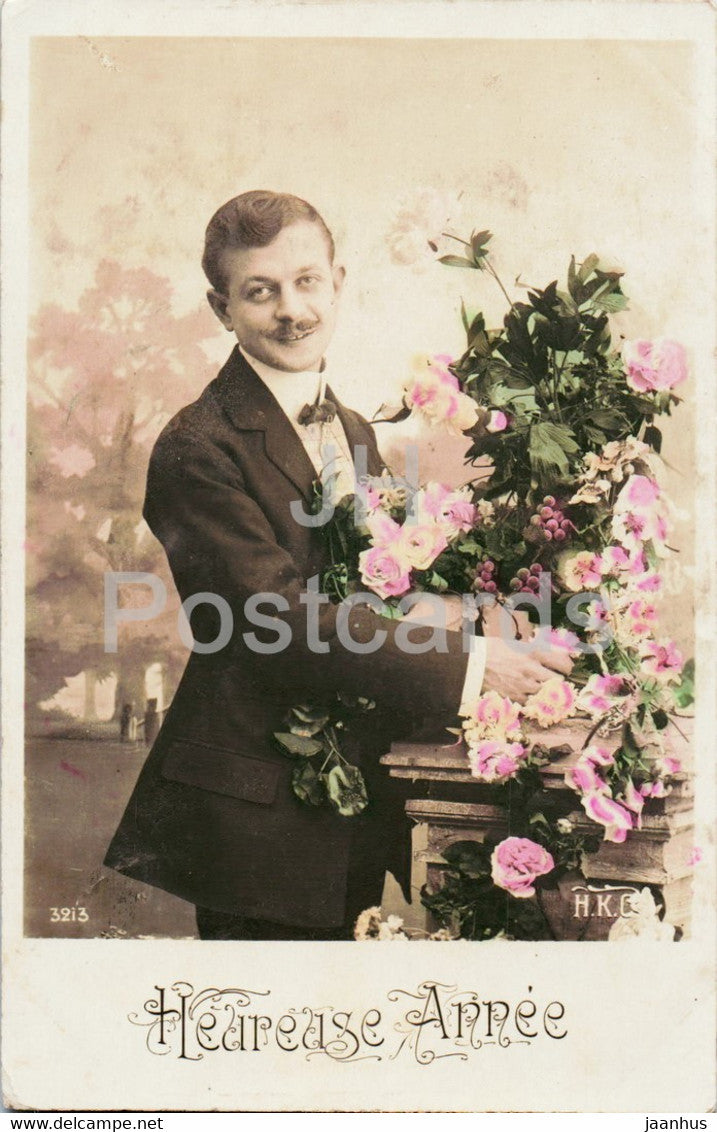 New Year Greeting Card - Heurese Annee - man - HKS - 3213 - old postcard - France - used - JH Postcards