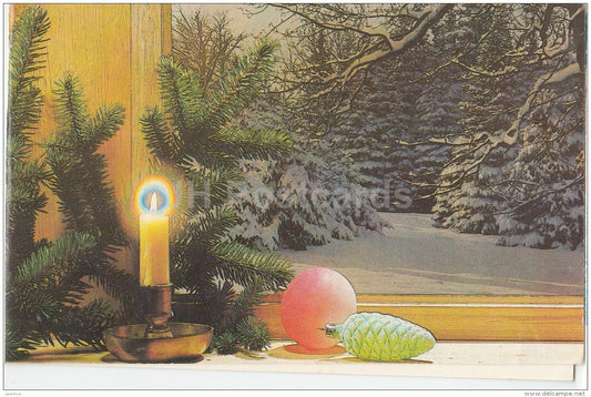 New Year Greeting Card - candle - decorations - fir tree - 1990 - Russia USSR - used - JH Postcards