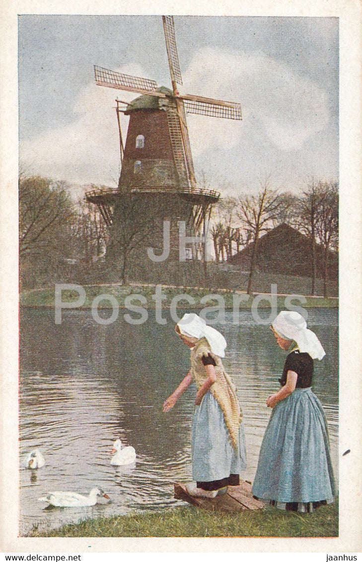 Children in Folk Costumes - windmill - D B M 4 - old postcard - Netherlands - unused - JH Postcards
