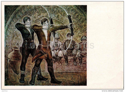 painting by A. Boldyrev - Mountaineer-Archers , 1971 - russian art - unused - JH Postcards