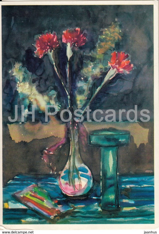 painting by Gerhard Stengel - Rote Nelken mit grunem Glas - Red Clove Gitty flowers - German art - Germany DDR - unused - JH Postcards
