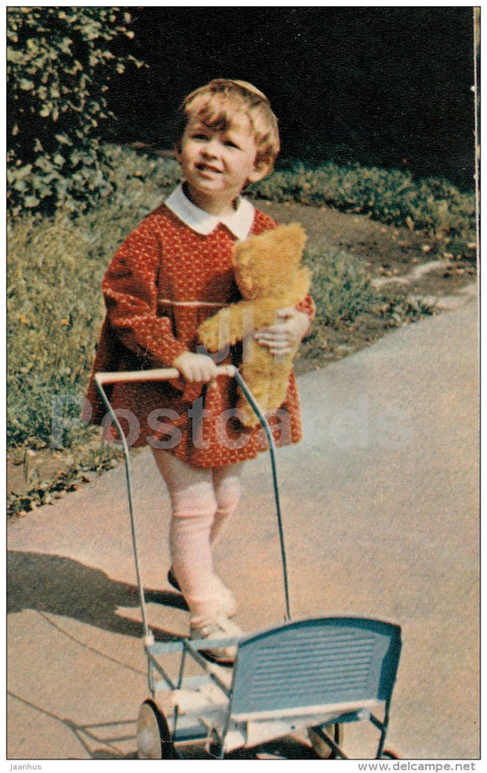 girl - pram - teddy bear - children - 1969 - Russia USSR - unused - JH Postcards