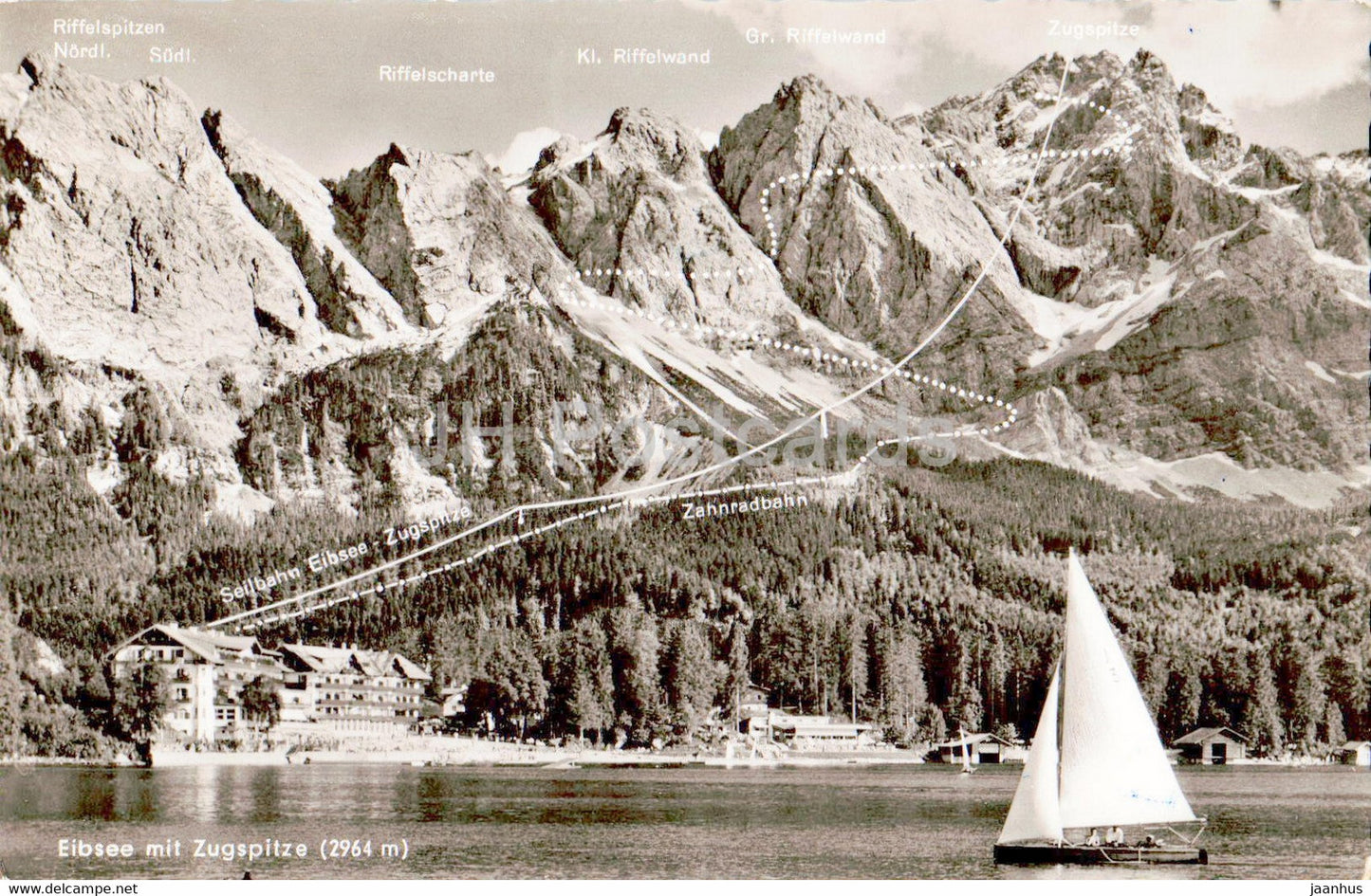 Eibsee mit Zugspitze 2964 m - sailing boat - old postcard - Germany - used - JH Postcards