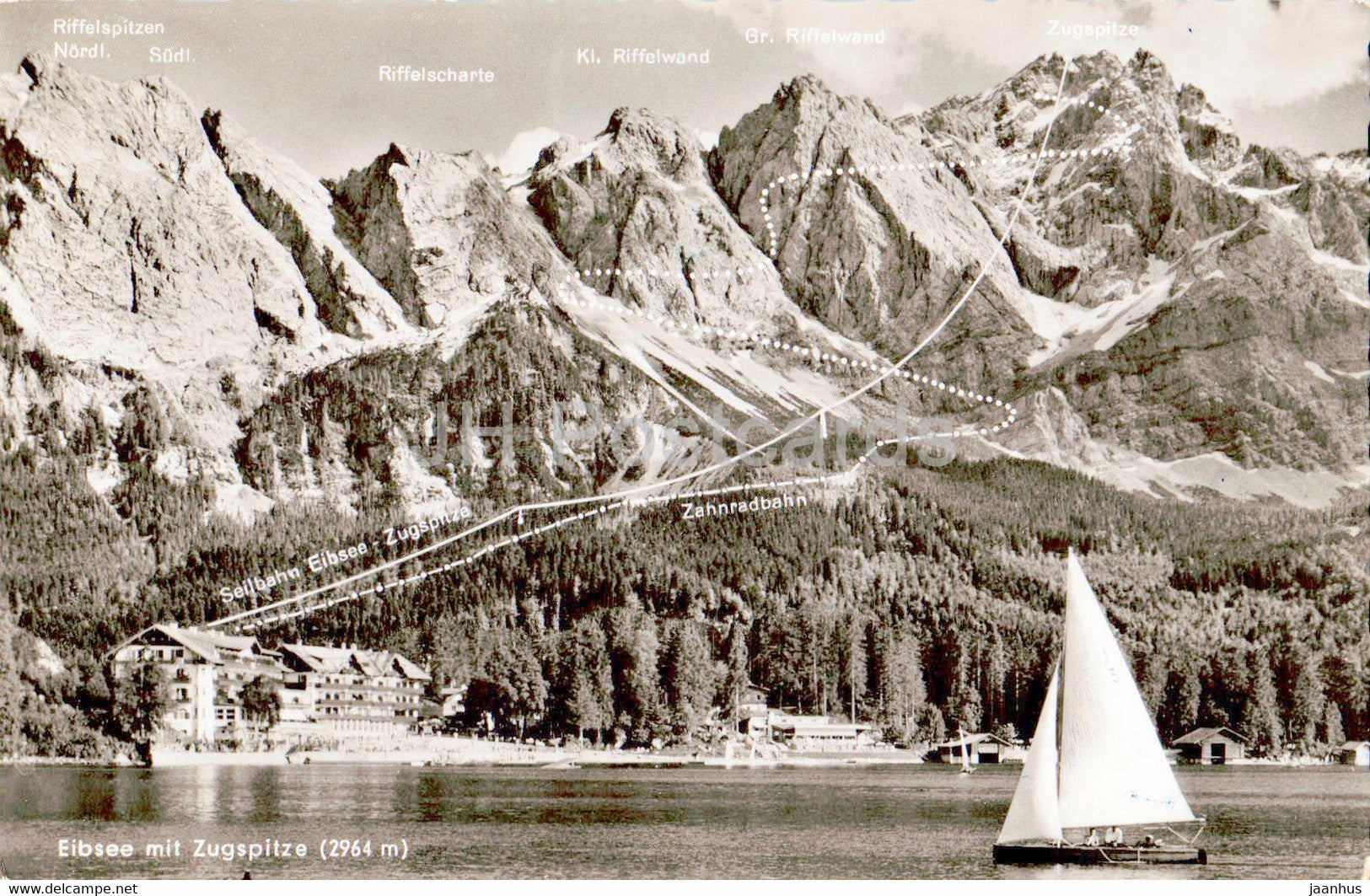 Eibsee mit Zugspitze 2964 m - sailing boat - old postcard - Germany - used - JH Postcards