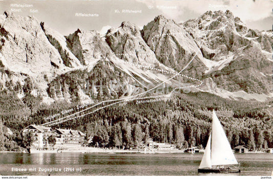 Eibsee mit Zugspitze 2964 m - sailing boat - old postcard - Germany - used - JH Postcards