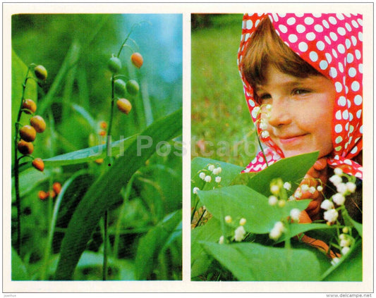 lily of the valley - Convallaria majalis - flowers - girl - Nature Encounter - 1973 - Russia USSR - unused - JH Postcards