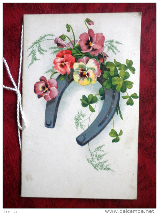 Confirmation card - horseshoe - pansy - flowers - sent in 1935 - Estonia - used - JH Postcards
