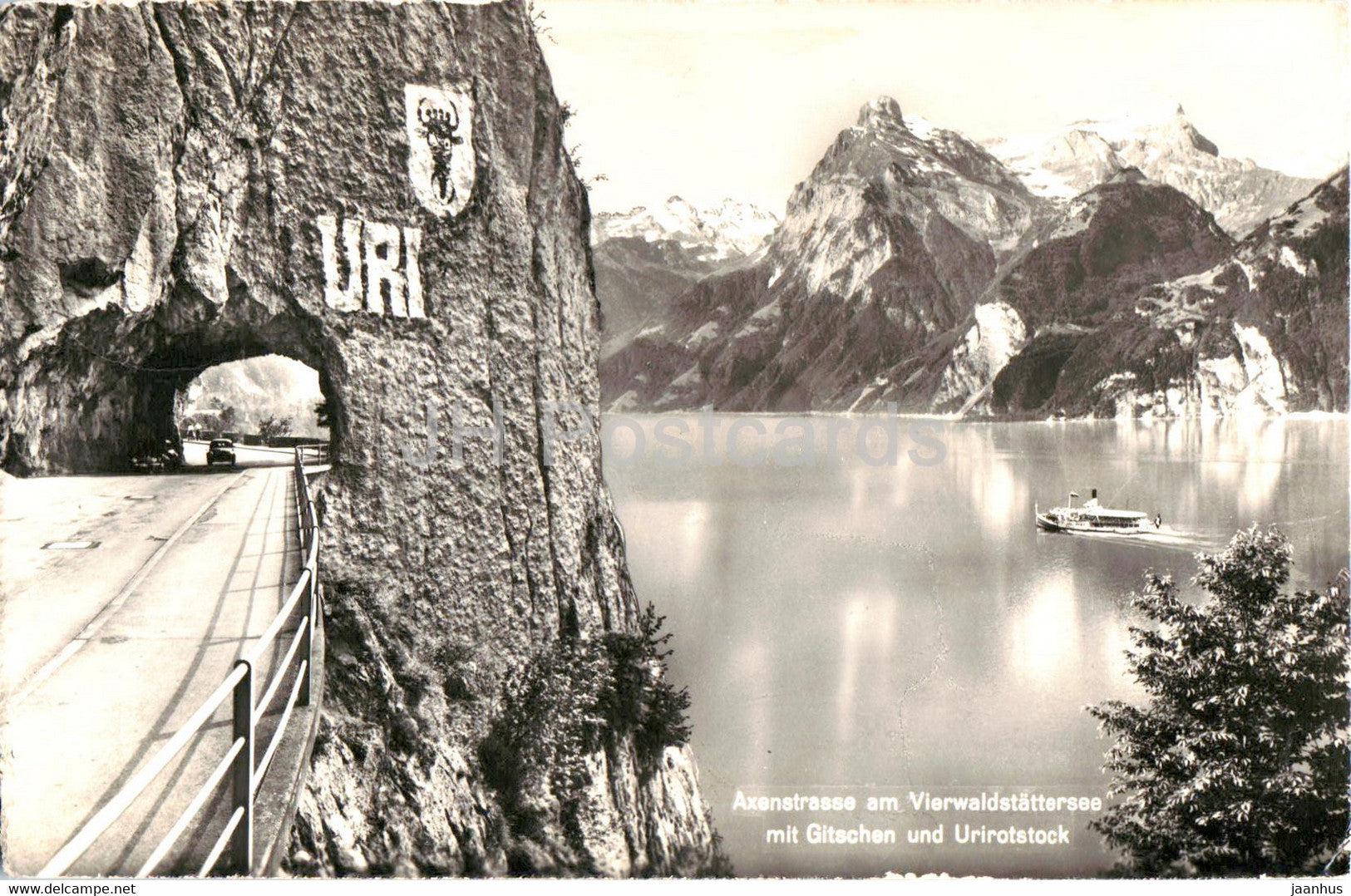 Axenstrasse am Vierwaldstattersee mit Glitschen und Urirotstock - 10312 - old postcard - 1958 - Switzerland - used - JH Postcards