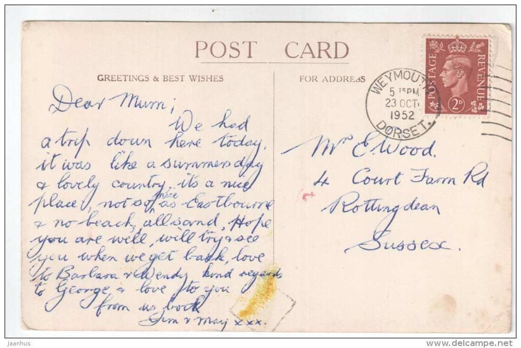 Promenade and sands Weymouth - 37147 - old car - old postcard - circulated in 1952 - United Kingdom , England -used - JH Postcards