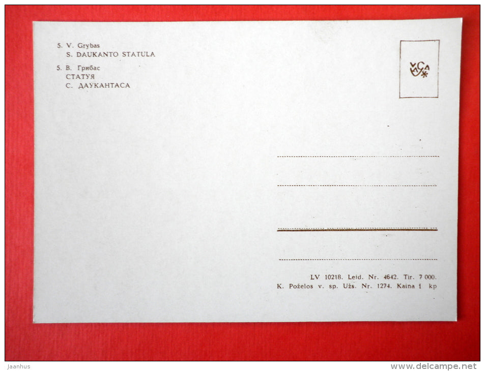 monument to historian Daukantas - sculptor Vincas Grybas - 1965 - USSR Lithuania - unused - JH Postcards