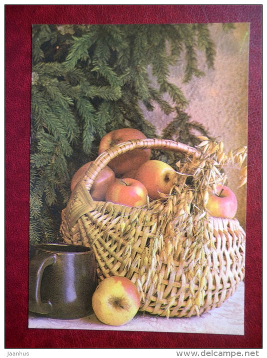 New Year Greeting card - apples - basket - cup - 1983 - Estonia USSR - unused - JH Postcards