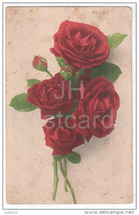 Greeting Card - Red Roses - flowers - 855 - old postcard - circulated in Estonia - JH Postcards