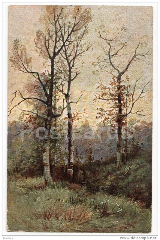 painting by A. Yegornov - Autumn Morning - birch trees - 5075 - circulated in Imperial Russia Estonia 1917 - JH Postcards