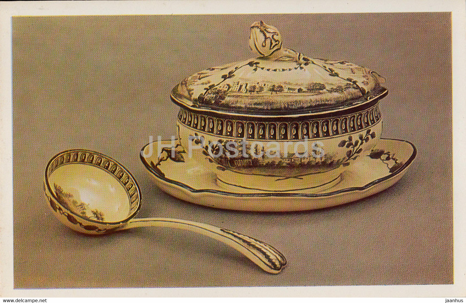 Sauce boat on stand with cover and spoon from the Green Frog service - English Applied Art - 1983 - Russia USSR - unused - JH Postcards