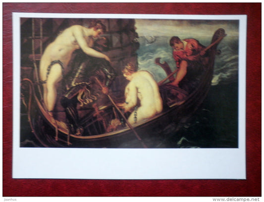 painting by Tintoretto , The Liberation of Arsinoe , boat - italian art - unused - JH Postcards