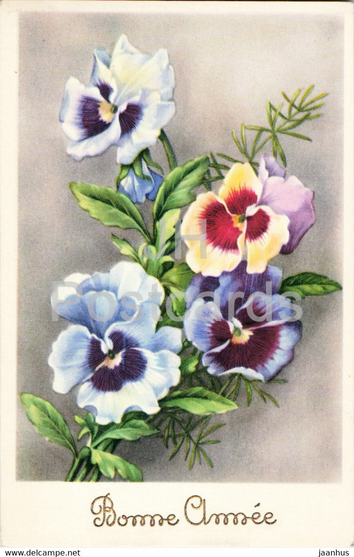 Birthday Greeting Card - Bonne Annee - gladiolus - pansy - old postcard - 1947 - France - used - JH Postcards