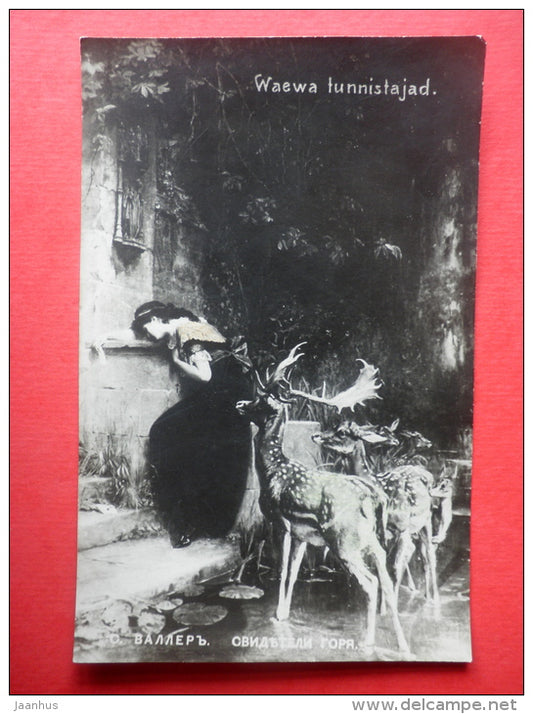 painting by Waller . Witnesses of Grief - deer - woman - art - Imperial Russia - unused - JH Postcards
