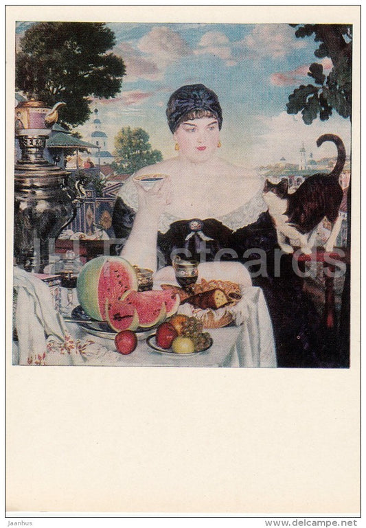 painting by B. Kustodiev - Merchant's wife drinking tea , 1918 - samovar - cat Russian art - Russia USSR - 1981 - unused - JH Postcards
